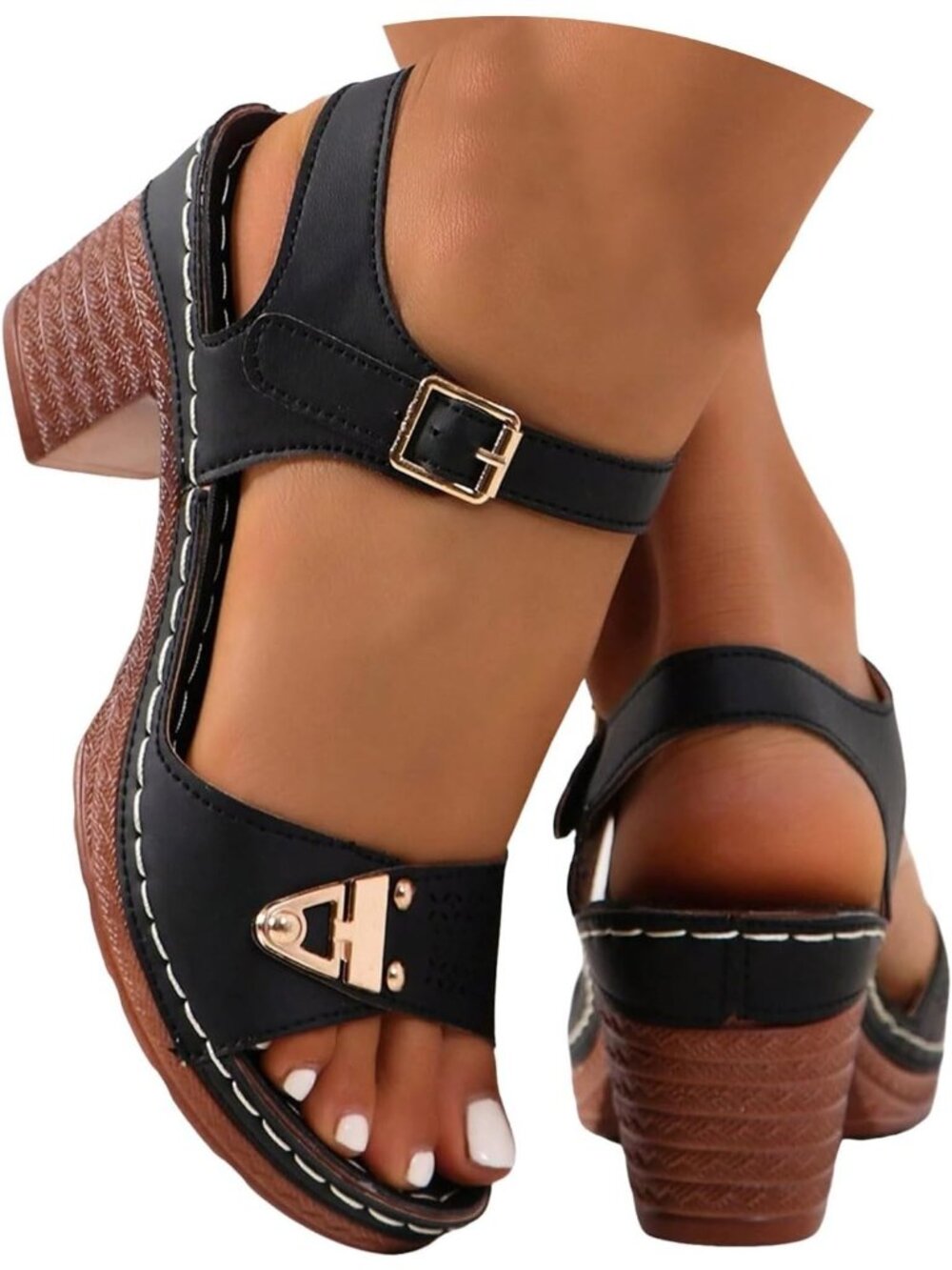 Women's Black Dressy Low Block Chunky Heels Ankle Strap Comfortable Open Toe